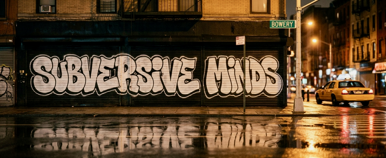 A Bowery storefront wall painted with the words Subversive Minds in large graffiti lettering, with pedestrians and taxis passing.