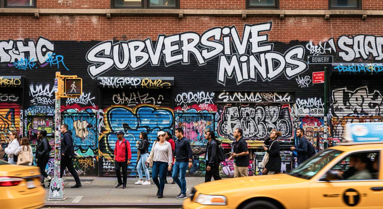 A Bowery storefront wall painted with the words Subversive Minds in large graffiti lettering, with pedestrians and taxis passing.